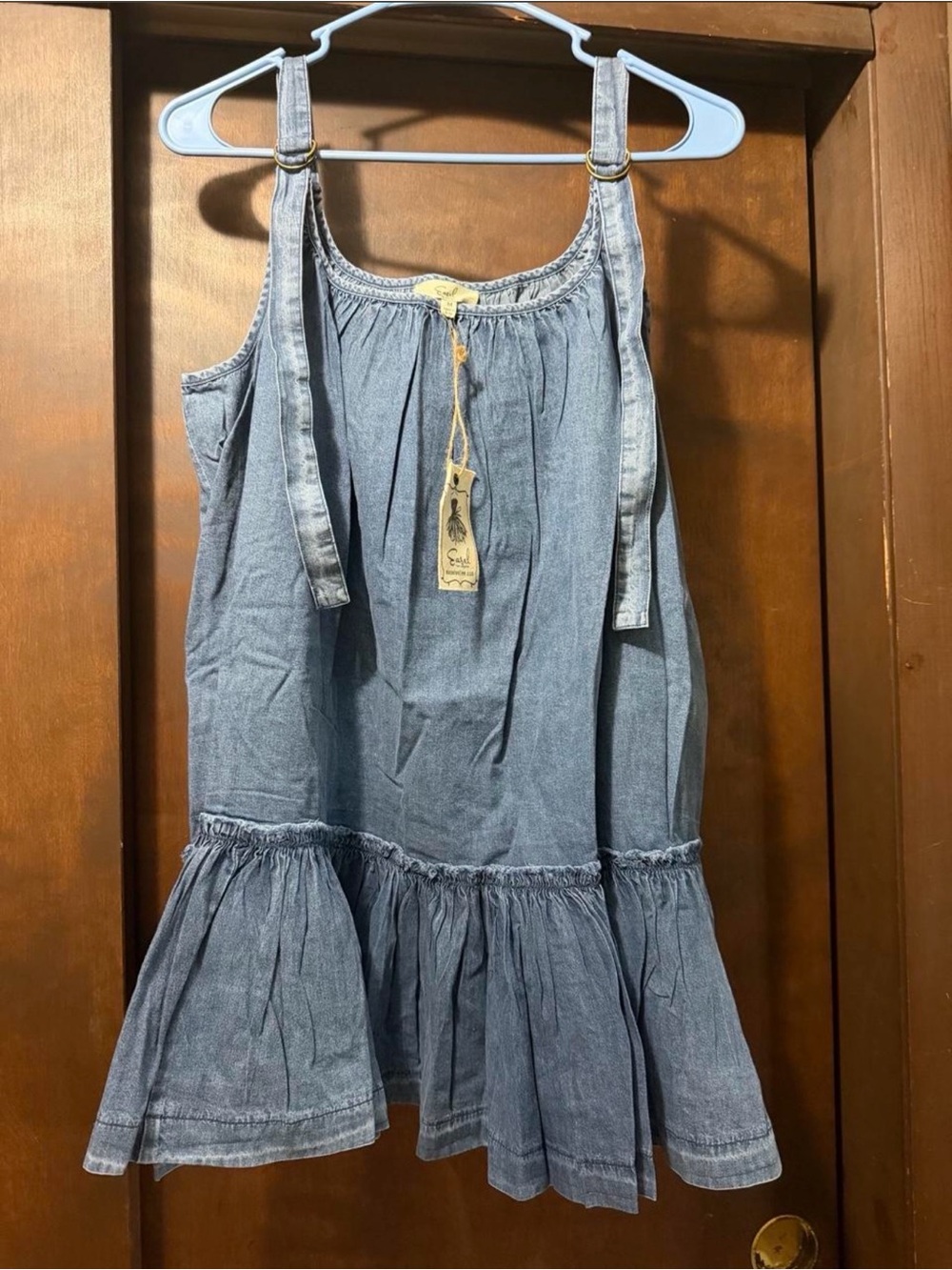 Denim Tie-Strap Ruffled Top - Light Blue
